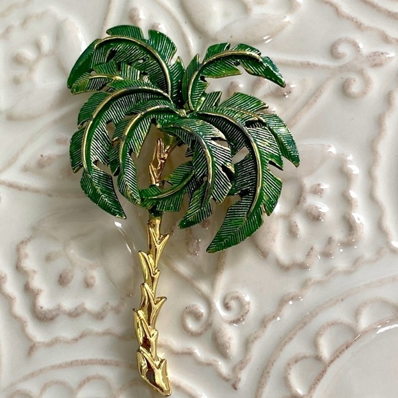 Palm Tree Green Gold Textured Brooch Ocean Caribbean Beach Vaca Cruise Holiday - Picture 14 of 16